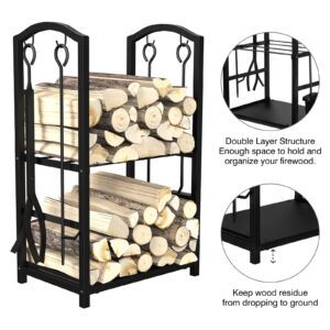 GASPRO Firewood Rack Indoor and 4FT Firewood Rack Outdoor with Cover, 5 Pcs Wrought Iron Fireplace Tools and Log Holder for Fireplace, Wood Stove, Hearth, Fire Pit, Sturdy and Easy to Assemble