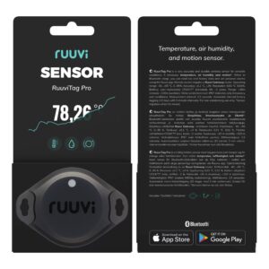 ruuvitag pro 3in1 wireless bluetooth temperature (°c/°f), air humidity and motion sensor. alerts & history. free android/ios apps. integrates with victron, homey, and home assistant. made in europe.