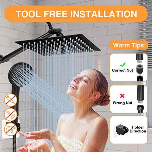 Koeka Matte Black High Flow Stainless Steel Shower Hand with Powerful Spray Long Hose, High Pressure 5-Setting Handheld Showerhead, Rainfall Showerhead with Height/Angle, 8 Inch, RF-011