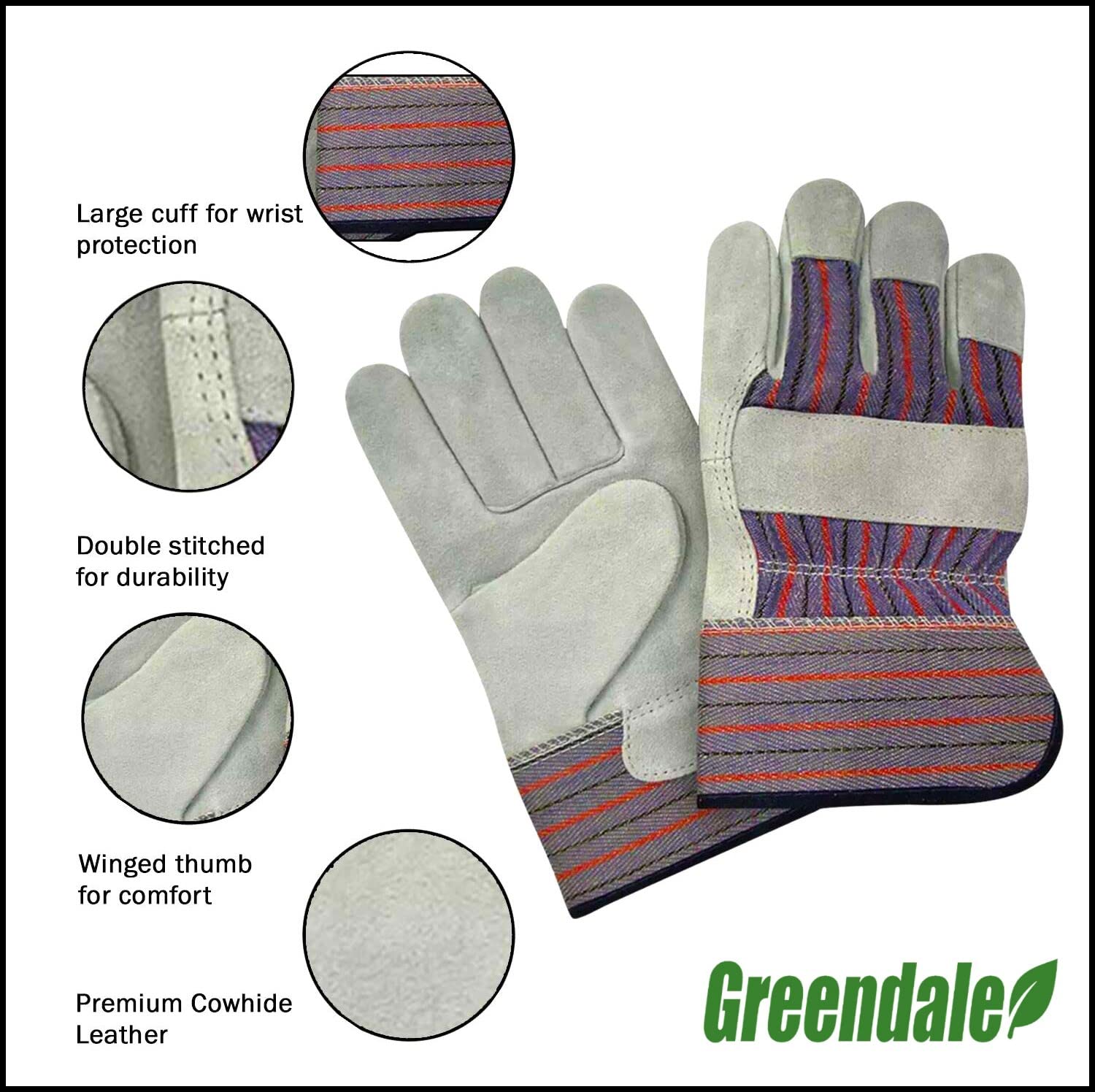 Greendale (3, 6 or 12 Pack - Leather & Cotton Work Gloves - Garage, Yard, Garden, Industrial, Commercial - One Size Fits Most (12, One Size)