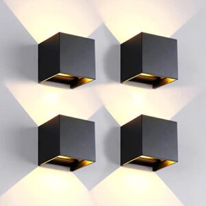 Mille Lucciole 4 Pack Outdoor Wall Lights Exterior/Interior LED Wall Sconces IP65 Waterproof Square Aluminum Wall Lamps Outdoor Lighting Fixture Up and Down Lights Modern Black 12W 3000K Warm Lights