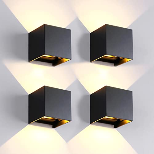 Mille Lucciole 4 Pack Outdoor Wall Lights Exterior/Interior LED Wall Sconces IP65 Waterproof Square Aluminum Wall Lamps Outdoor Lighting Fixture Up and Down Lights Modern Black 12W 3000K Warm Lights