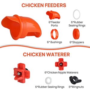 Diggtek DIY Automatic Chicken Feeders and Waterer Set No Waste, 6 Ports with 6 Chicken Water Nipples, Rain Proof Poultry Feeder Kit for Buckets,Barrels,Bins,Troughs