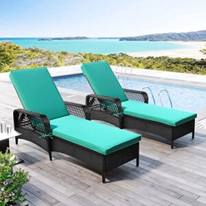 dhhu foldable chaise sun lounger terrace, outdoor rattan lounge chair, adjustable back recliner, (2 set), black wicker/green cushion