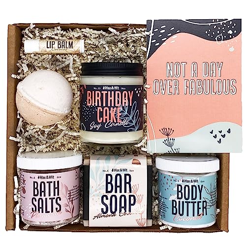 WAX & WIT Best Friend Birthday Gifts for Women, Unique Birthday Gifts for Sister & Friends, Happy Birthday Gift Basket for Women, Happy Birthday Gift Set, Not a Day Over Fabulous - 7 Piece Set