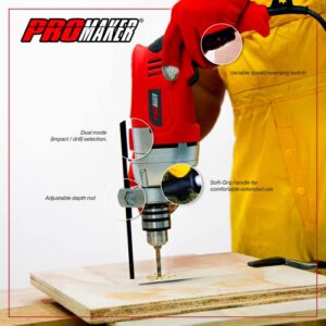 PROMAKER 7.5AMP Hammer Drill, 1/2-inch Corded Hammer Drill with accessories, Variable speed 0-3000 RPM, option to choose Impact and Hammer Drill. PRO-TP850KIT.
