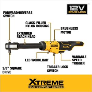 DEWALT XTREME 12V MAX* Cordless Ratchet, Brushless,3/8 in., Extended Reach, Tool Only (DCF503EB)