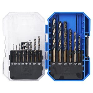 somada 14-piece cobalt drill bit set for plastic, wood, and metal, m35 high-speed steel twist jobber length bits sizes from 1/16" to 3/8" with indexed storage case