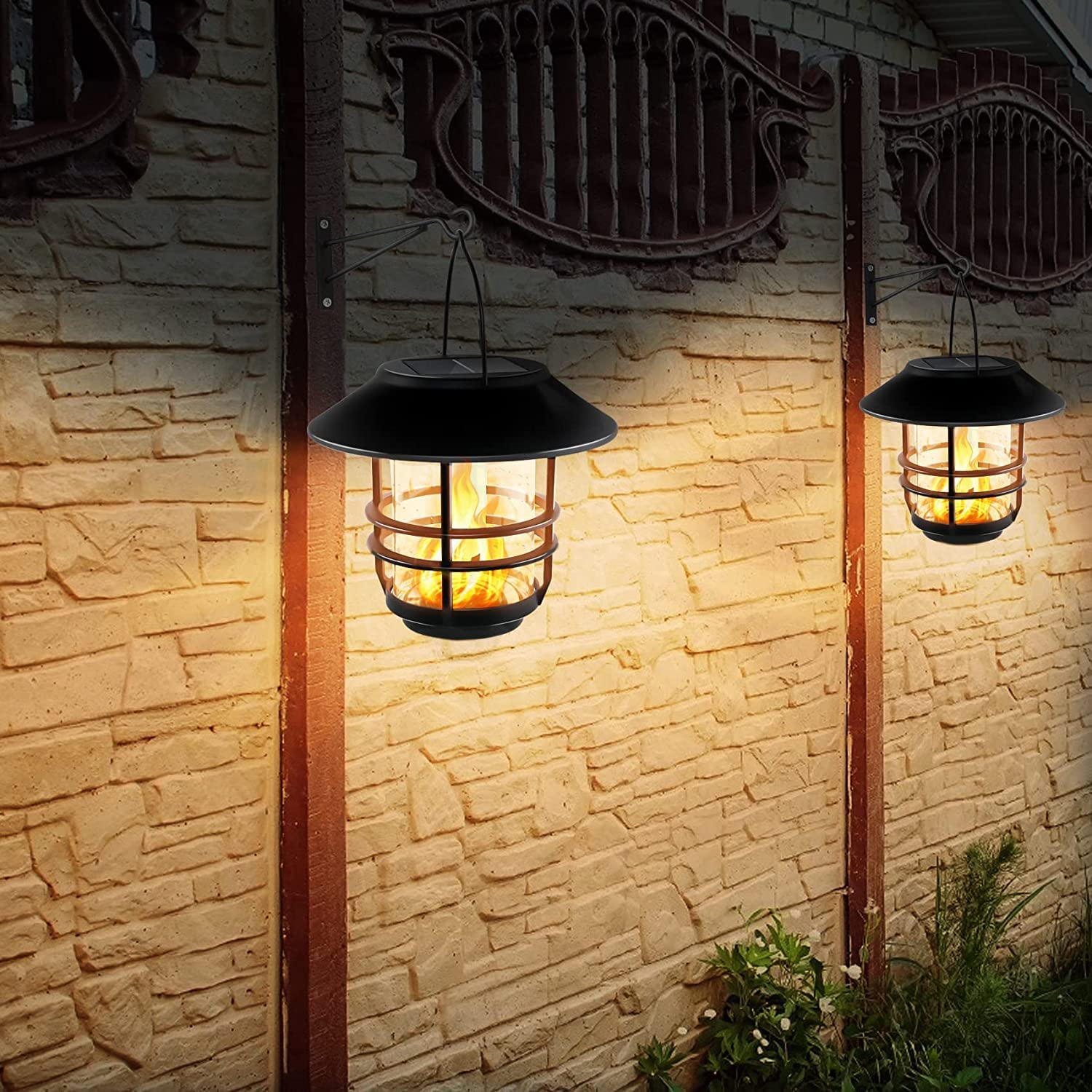 Otdair Solar Wall Lantern Outdoor, Flickering Flames Solar Sconce Lights Outdoor, Hanging Solar Lamps Wall Mount for Front Porch, Patio and Yard, 4 Pack