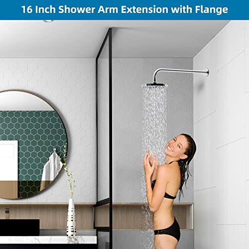 Hibbent 16 Inch All Metal Shower Extension Arm, Extra Long Shower Arm with Flange, Stainless Steel Rainfall Shower Arm Water Outlet, Wall Mounted Shower Head Extender Arm, Chrome