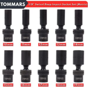 TOMMARS Swivel Socket Set, 3/8" Drive Deep Impact Swivel Socket Set, Wobble Socket Set Metric 10mm-19mm, CR-MO, 6 Point