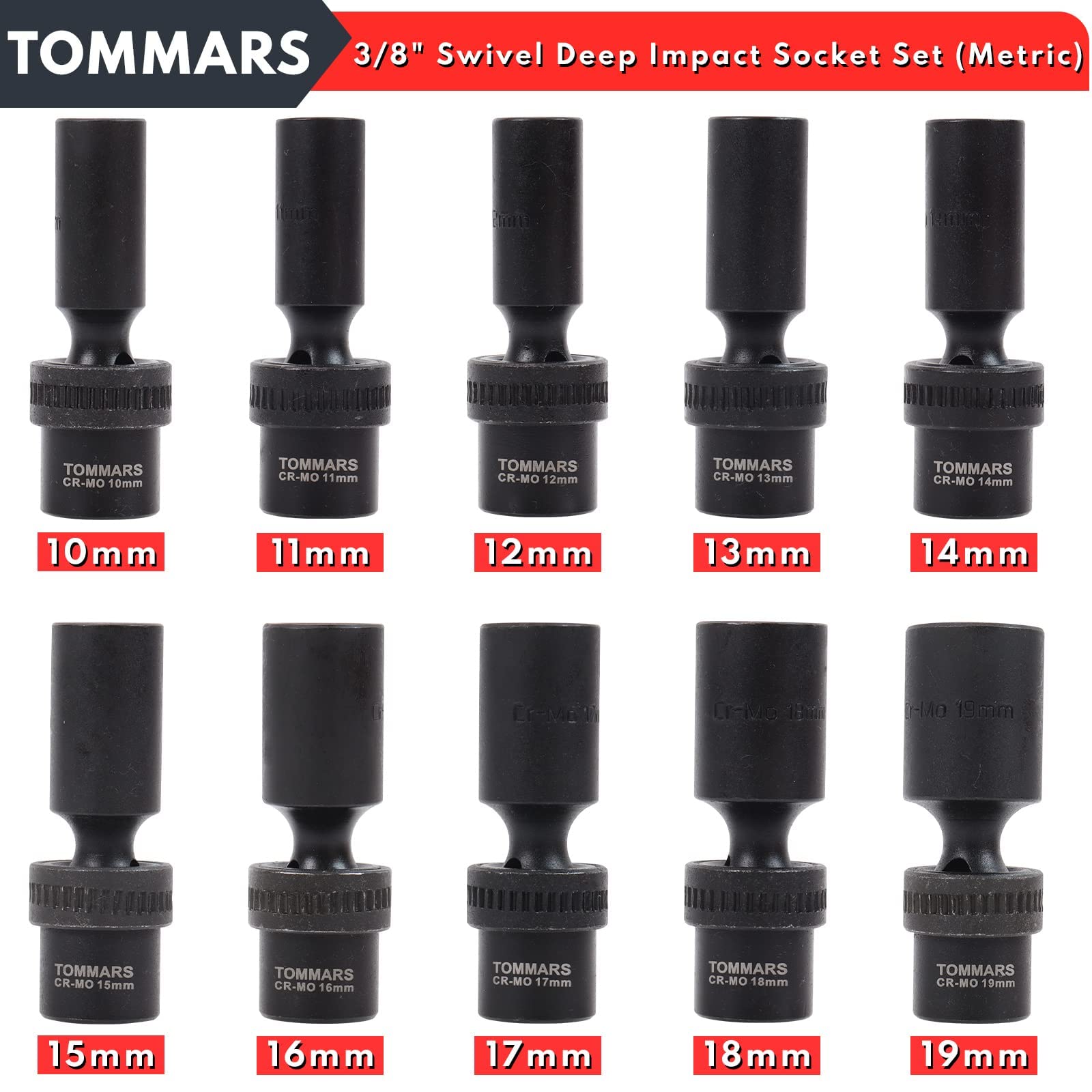 TOMMARS Swivel Socket Set, 3/8" Drive Deep Impact Swivel Socket Set, Wobble Socket Set Metric 10mm-19mm, CR-MO, 6 Point