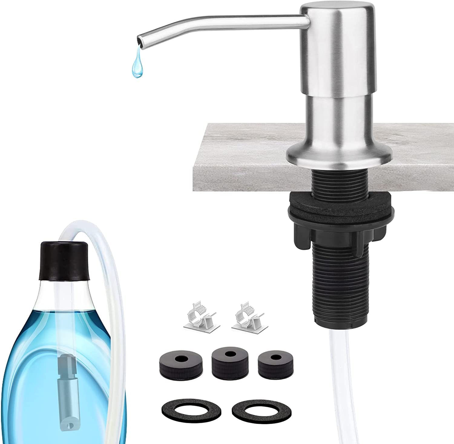 Built in Sink Soap Dispenser or Lotion Dispenser for Kitchen Sink, Soap Dispenser Extension Tube Kit, under Counter Soap Dispenser, Powerful Suction Check Valve & 41" Hose, Fit Most Soap Containers