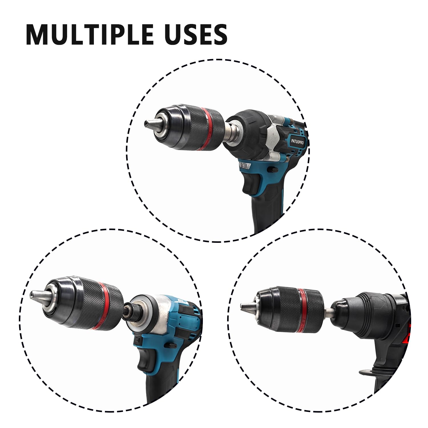 PATUOPRO 1.5-13mm Keyless Drill Chuck Metal Heavy Duty 1/2''-20UNF with SDS-Plus Shank 1/4" Hex Shank 1/2'' Socket Square Wrench Adapter for Impact Driver, Electric Drill, Hammer Drill