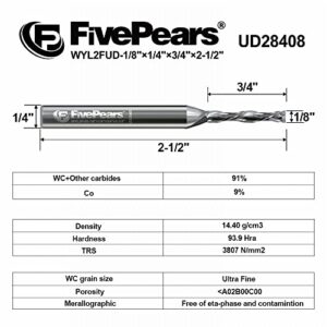 FivePears Up&Down Cut Compression Spiral Router Bit for CNC, 1/8 inch Cutting Diameter and 3/4 inch Cutting Length 1/4 in Shank Carbide End Mill Router Bit for Wood Carving Engraving Grinding Grooving