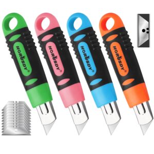 horusdy 4-pack box cutter utility knife, safety retractable box cutter for cardboard, boxes and cartons, extra 10 blades.