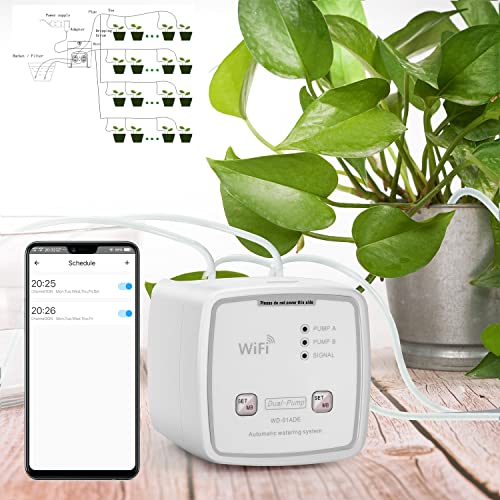 WiFi Drip Irrigation Kit Dual Channel Automatic Watering System for 20 Potted Plants Remotely Control Auto/Manual/Delay Watering Mode via APP Easy DIY Indoor White