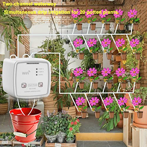 WiFi Drip Irrigation Kit Dual Channel Automatic Watering System for 20 Potted Plants Remotely Control Auto/Manual/Delay Watering Mode via APP Easy DIY Indoor White
