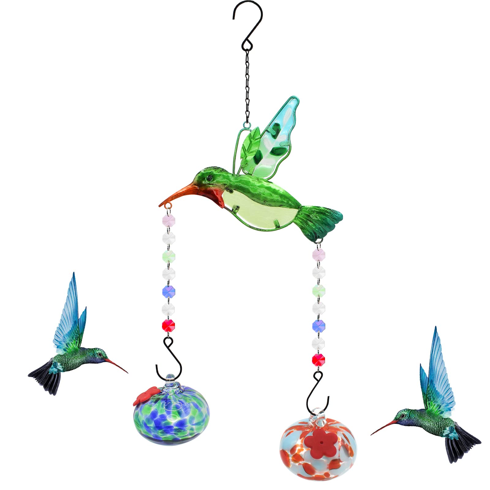 Hummingbird Feeder,Hand-Blown Glass Hummingbird Feeders for Outdoors Hanging with Hanging Ornament Hummingbird (Green)