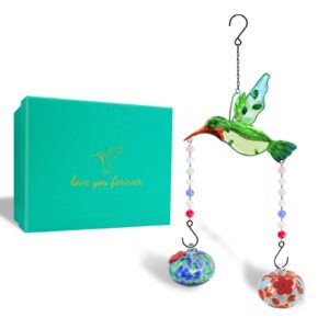 Hummingbird Feeder,Hand-Blown Glass Hummingbird Feeders for Outdoors Hanging with Hanging Ornament Hummingbird (Green)