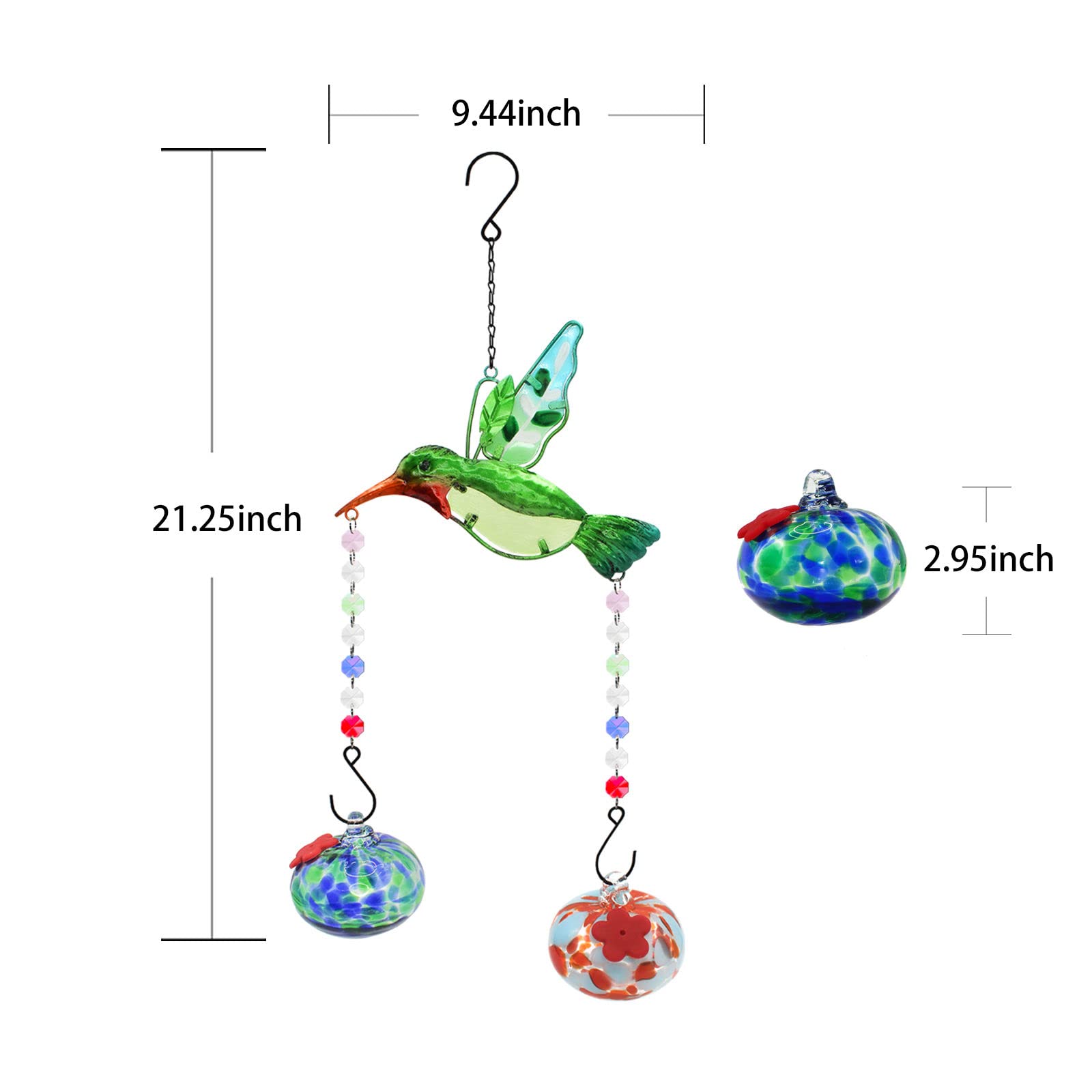 Hummingbird Feeder,Hand-Blown Glass Hummingbird Feeders for Outdoors Hanging with Hanging Ornament Hummingbird (Green)