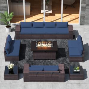 asjmr outdoor patio furniture set with gas fire pit table, 13 pieces patio sectional sofa w/43in propane fire pit, pe wicker rattan patio conversation set - navy
