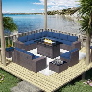 ASJMR Outdoor Patio Furniture Set with Gas Fire Pit Table, 13 Pieces Patio Sectional Sofa w/43in Propane Fire Pit, PE Wicker Rattan Patio Conversation Set - Navy