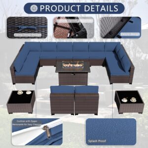 ASJMR Outdoor Patio Furniture Set with Gas Fire Pit Table, 13 Pieces Patio Sectional Sofa w/43in Propane Fire Pit, PE Wicker Rattan Patio Conversation Set - Navy