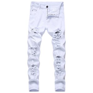 men ripped distressed destroyed jeans casual vintage hip hop jean with holes straight leg slim fit stretch denim pants (white,30)