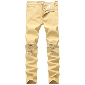 men's ripped distressed destroyed jeans stretch vintage hip hop jean with holes straight leg slim fit denim pants (khaki,27)