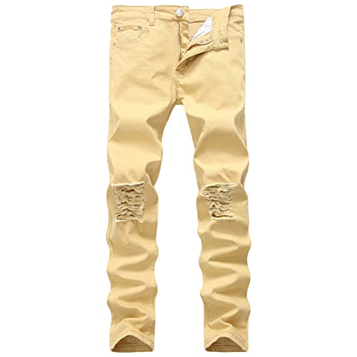 Men's Ripped Distressed Destroyed Jeans Stretch Vintage Hip Hop Jean with Holes Straight Leg Slim Fit Denim Pants (Khaki,27)