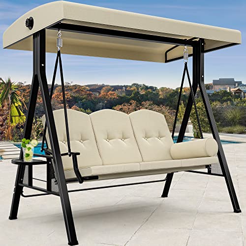 YITAHOME 3-Seat Deluxe Outdoor Porch Swing Large Patio Swing Chair with Weather Resistant Steel Frame, Removable Cushion & Pillow Suitable for Garden, Poolside, Balcony (Beige) (MAYIH0000021MA)