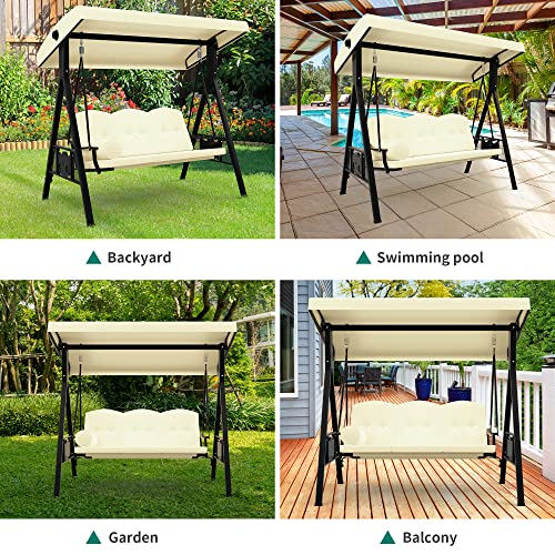 YITAHOME 3-Seat Deluxe Outdoor Porch Swing Large Patio Swing Chair with Weather Resistant Steel Frame, Removable Cushion & Pillow Suitable for Garden, Poolside, Balcony (Beige) (MAYIH0000021MA)