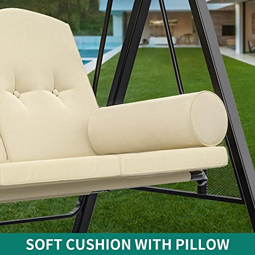 YITAHOME 3-Seat Deluxe Outdoor Porch Swing Large Patio Swing Chair with Weather Resistant Steel Frame, Removable Cushion & Pillow Suitable for Garden, Poolside, Balcony (Beige) (MAYIH0000021MA)