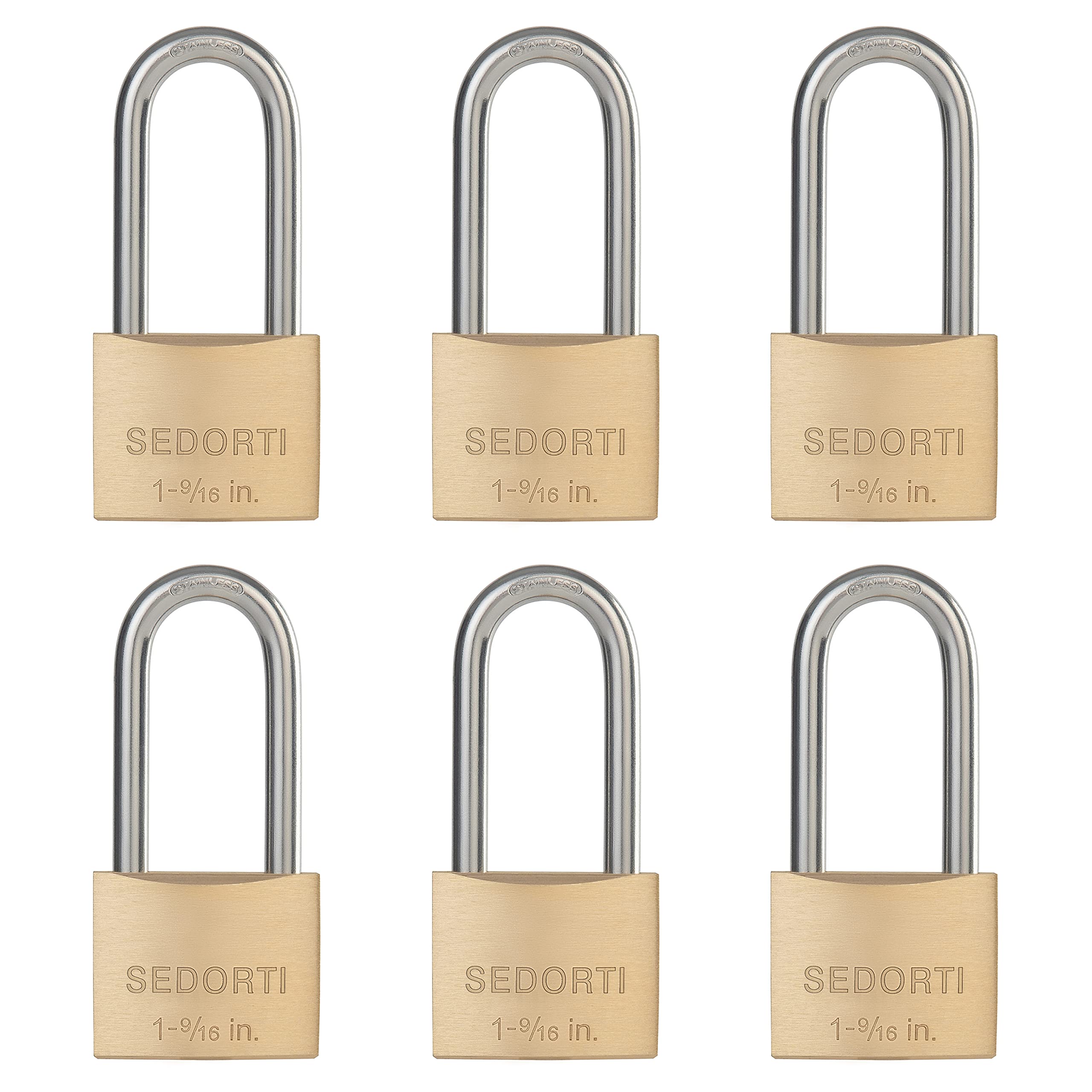 SEDORTI Weatherproof Padlock with Stainless Steel 304 Long Shackle and Solid Brass Body, 1-9/16 in. Wide, 6 Padlocks Keyed Alike, Marine Grade Rustproof Lock for Outdoors Use