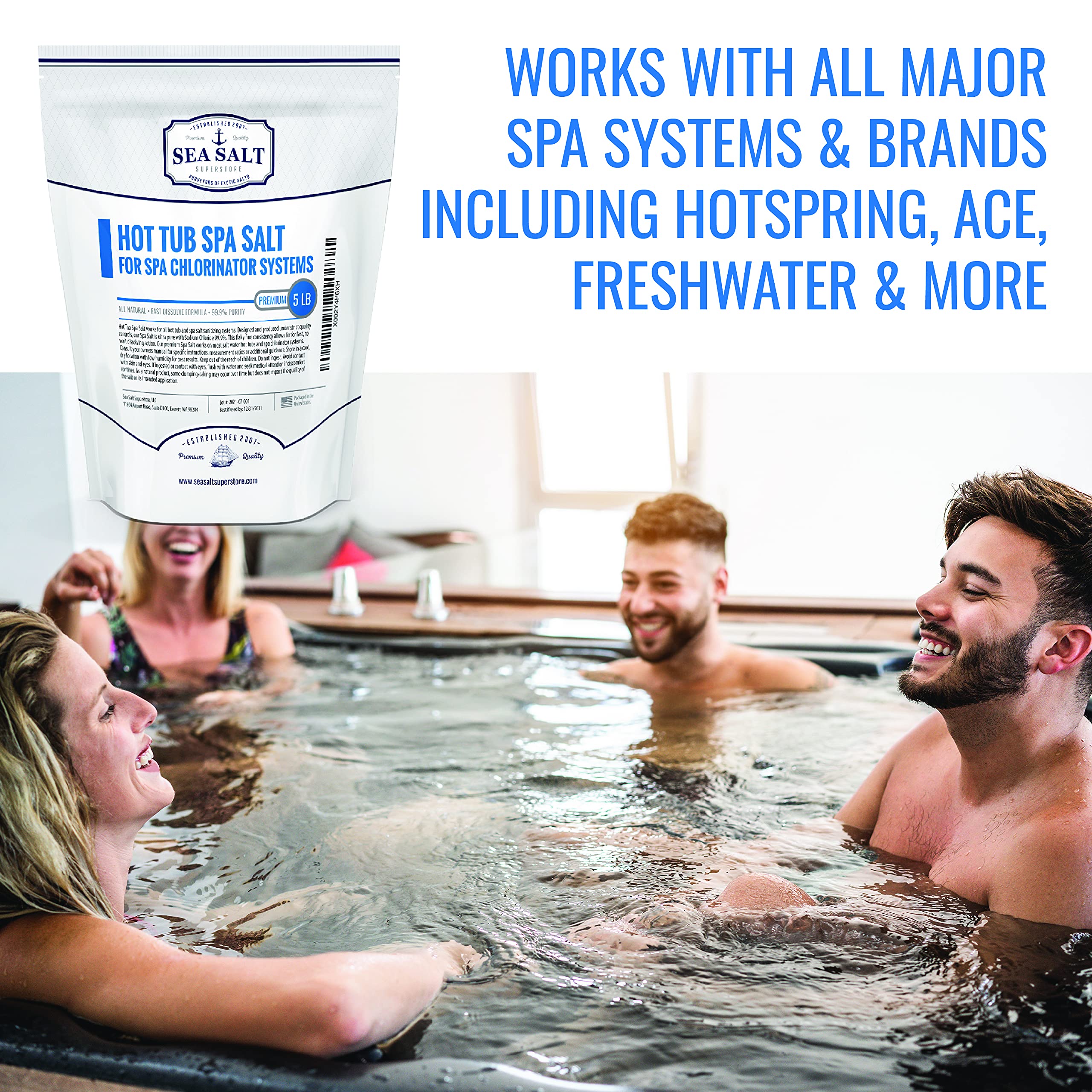 Hot Tub Spa Salt - Pool Salt for Salt Systems and Chlorine Generators Including Ace Freshwater, Hotspring, Jacuzzi, Caldera, Chloromatic - 5 Lbs/500 Gallons - Sea Salt Superstore