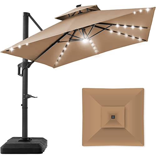 Best Choice Products 10x10ft 2-Tier Square Cantilever Patio Umbrella with Solar LED Lights, Offset Hanging Outdoor Sun Shade for Backyard w/Included Fillable Base, 360 Rotation - Tan