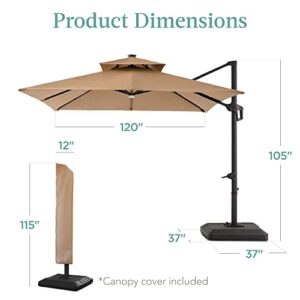 Best Choice Products 10x10ft 2-Tier Square Cantilever Patio Umbrella with Solar LED Lights, Offset Hanging Outdoor Sun Shade for Backyard w/Included Fillable Base, 360 Rotation - Tan