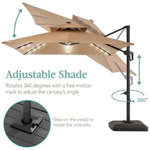 Best Choice Products 10x10ft 2-Tier Square Cantilever Patio Umbrella with Solar LED Lights, Offset Hanging Outdoor Sun Shade for Backyard w/Included Fillable Base, 360 Rotation - Tan