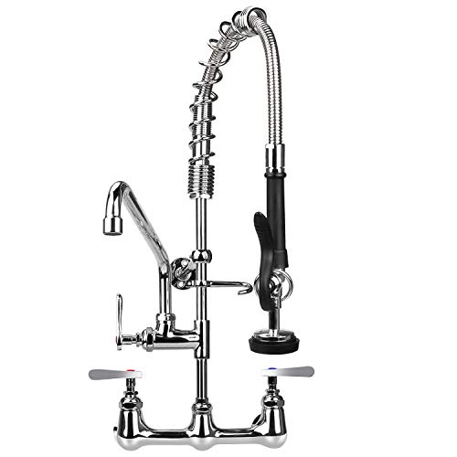 TBER Commercial Kitchen Faucet 8 Inch Center Wall Mount Sink Faucet for Restaurant Industrial 25" Height 12" Swivel Spout Pre-Rinse Sprayer Faucet for Compartment Sinks