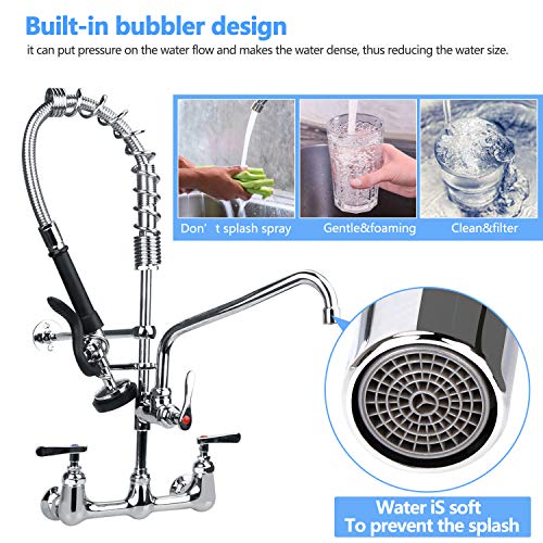 TBER Commercial Kitchen Faucet 8 Inch Center Wall Mount Sink Faucet for Restaurant Industrial 25" Height 12" Swivel Spout Pre-Rinse Sprayer Faucet for Compartment Sinks