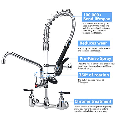 TBER Commercial Kitchen Faucet 8 Inch Center Wall Mount Sink Faucet for Restaurant Industrial 25" Height 12" Swivel Spout Pre-Rinse Sprayer Faucet for Compartment Sinks