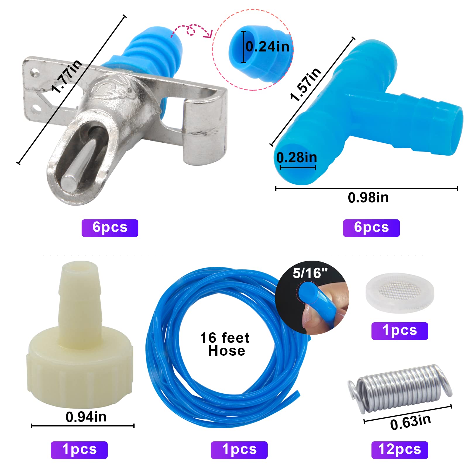 Automatic Rabbit Watering Kit Include 6 Nipple Drinker Feeders, ID 5/16" Hose, Barb Fittings to G1/2" Thread Connector