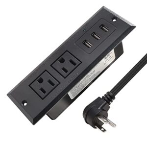 desk power strip with usb recessed mounted desktop power outlet 2 outlets 3 usb ports (15w/3a) flat power plug, charge station for table cabinet sofa counter (3a/15w black)