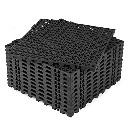 Modular Interlocking Cushion 12 Pcs 11.8" x 11.8" Interlocking Rubber Floor Drain Holes Non-Slip Splicing Drainage Mats for Deck, Shower, Kitchen, Drain Pool, Sauna Bath, Indoor Outdoor (Black)