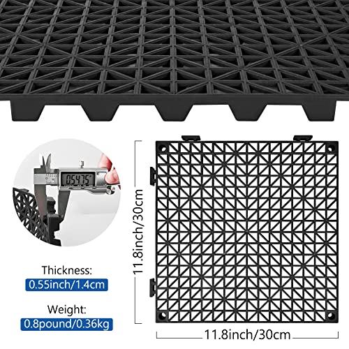 Modular Interlocking Cushion 12 Pcs 11.8" x 11.8" Interlocking Rubber Floor Drain Holes Non-Slip Splicing Drainage Mats for Deck, Shower, Kitchen, Drain Pool, Sauna Bath, Indoor Outdoor (Black)