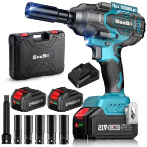 seesii 1000nm(738ft-lbs) high torque cordless impact wrench, 1/2 brushless battery impact gun w/ 5.0ah battery,fast charger, 5pcs sockets & storage tool box, electric impact wrench for car truck,wh750