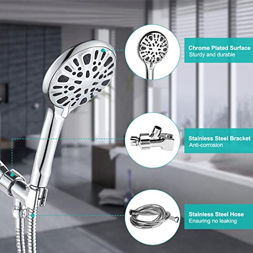 Lychee 9-Setting Modern High Pressure Shower Head with Stainless Steel Hose and Bracket, Chrome Finish