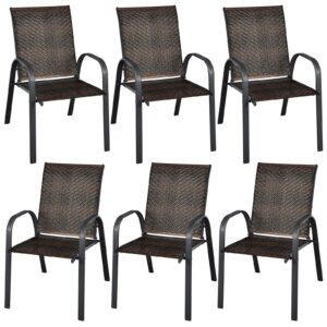 tangkula set of 6 outdoor pe wicker stackable chairs, patio dining chairs with sturdy steel frame, outdoor arm chairs for garden, yard, deck and lawn (1, mix brown)