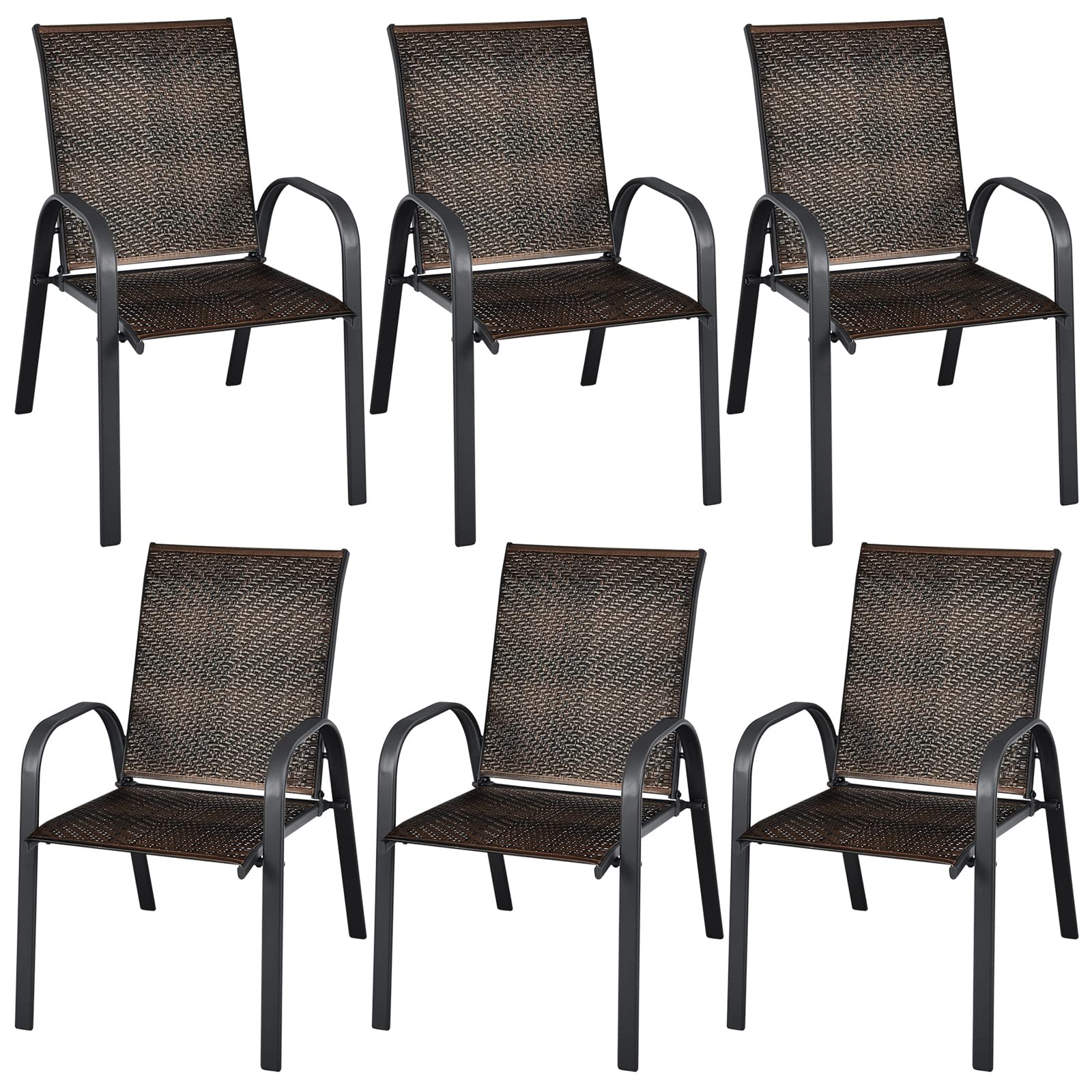 Tangkula Set of 6 Outdoor PE Wicker Stackable Chairs, Patio Dining Chairs with Sturdy Steel Frame, Outdoor Arm Chairs for Garden, Yard, Deck and Lawn (1, Mix Brown)